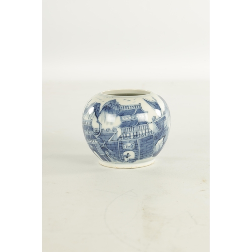 285 - A 19TH CENTURY CHINESE BLUE AND WHITE PORCELAIN BRUSH POT decorated with a pagoda landscape. (8cm hi... 