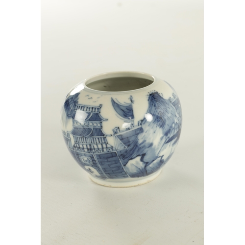 285 - A 19TH CENTURY CHINESE BLUE AND WHITE PORCELAIN BRUSH POT decorated with a pagoda landscape. (8cm hi... 