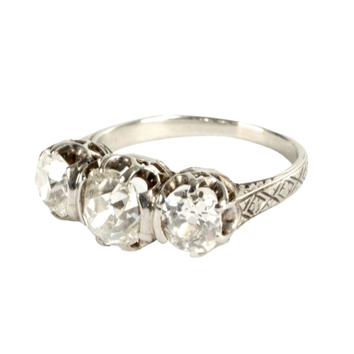 298 - A LADIES WHITE GOLD THREE STONE DIAMOND RING the three old cut diamonds 3.2ct, colour G-I, clarity V... 