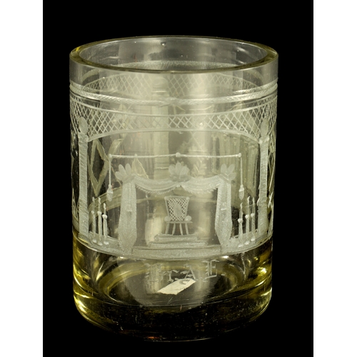 3 - A 19TH CENTURY MASONIC ENGRAVED GLASS BEAKER of cylindrical form with etched decoration (14.5cm high... 