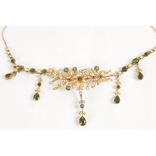 305 - A LATE VICTORIAN 15CT YELLOW GOLD PERIDOT AND SEED PEARL NECKLESS CIRCA 1900 of ribbon tide delicate... 