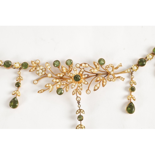 305 - A LATE VICTORIAN 15CT YELLOW GOLD PERIDOT AND SEED PEARL NECKLESS CIRCA 1900 of ribbon tide delicate... 