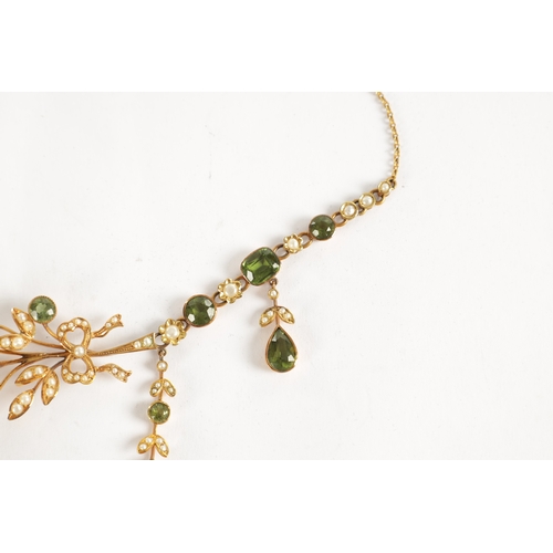 305 - A LATE VICTORIAN 15CT YELLOW GOLD PERIDOT AND SEED PEARL NECKLESS CIRCA 1900 of ribbon tide delicate... 