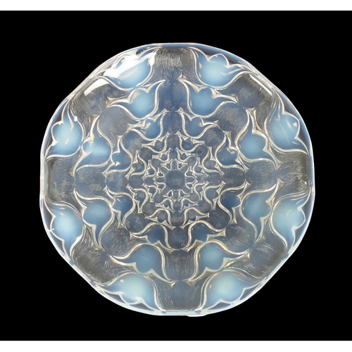 31 - A RENE LALIQUE OPALESCENT 'CAMPANULES' PLATE decorated with a repeating design of bellflowers, etche... 