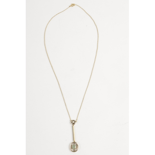 315 - A 15CT GOLD AQUAMARINE AND PEARL PENDANT NECKLACE, the pendant with white gold surface and halo sett... 