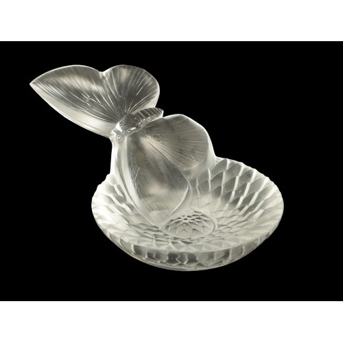 32 - A RENE LALIQUE 'PAPILLONS ET DAHLIA' CLEAR GLASS PIN TRAY with embossed butterfly etched signature b... 