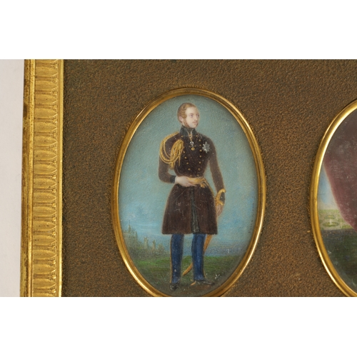 323 - A 19TH CENTURY FRAMED PAIR OF FULL-LENGTH MINIATURE PORTRAITS depicting Queen and Prince Albert with... 