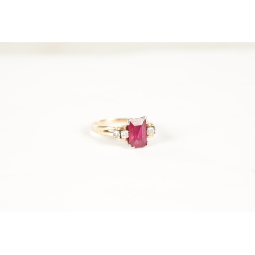 326 - A LADIES 15CT ROSE GOLD RUBY AND DIAMOND RING, having a baguette cut ruby set in a white gold mount ... 