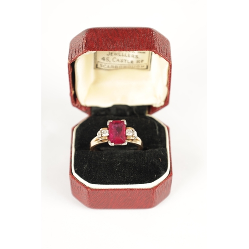 326 - A LADIES 15CT ROSE GOLD RUBY AND DIAMOND RING, having a baguette cut ruby set in a white gold mount ... 