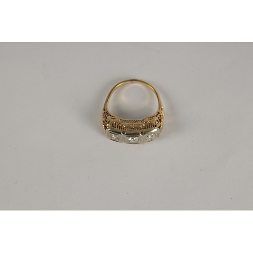 335 - A LADIES 9CT GOLD THREE STONE DIAMOND RING the old cut diamonds set in square white gold frames on p... 