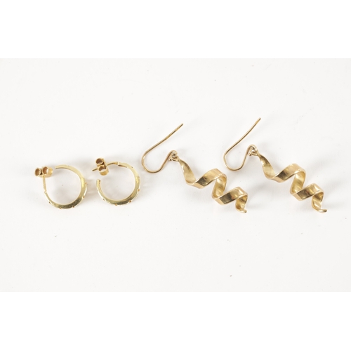 336 - TWO PAIR OF 9CT GOLD EARINGS, a large pair of drop twist earrings, and a pair of pierced Celtic band... 