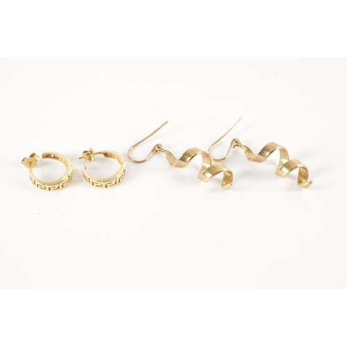 336 - TWO PAIR OF 9CT GOLD EARINGS, a large pair of drop twist earrings, and a pair of pierced Celtic band... 