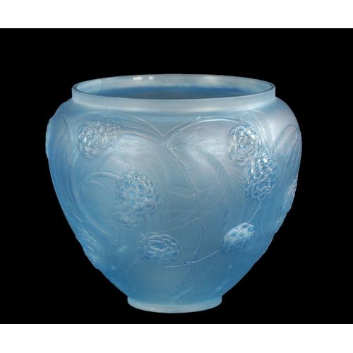 34 - A RENE LALIQUE BLUE STAINED 'NEFLIERS' VASE of tapering form with collared top rim, embossed with an... 