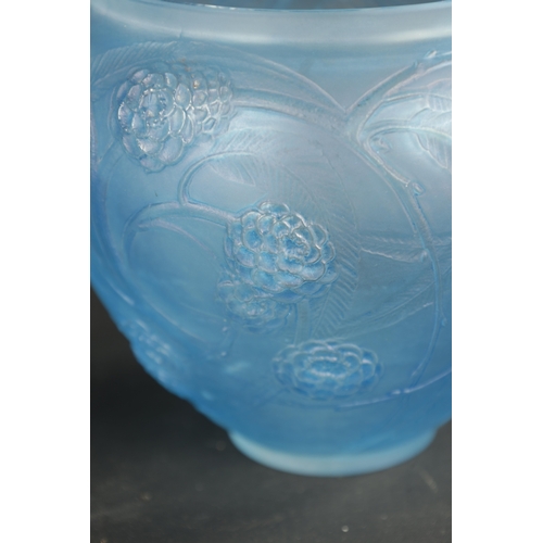 34 - A RENE LALIQUE BLUE STAINED 'NEFLIERS' VASE of tapering form with collared top rim, embossed with an... 