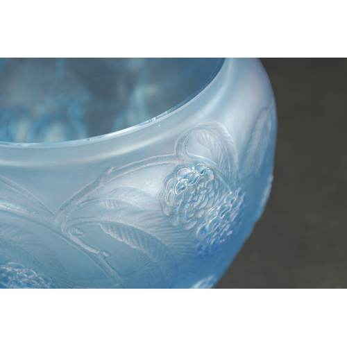 34 - A RENE LALIQUE BLUE STAINED 'NEFLIERS' VASE of tapering form with collared top rim, embossed with an... 