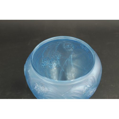 34 - A RENE LALIQUE BLUE STAINED 'NEFLIERS' VASE of tapering form with collared top rim, embossed with an... 