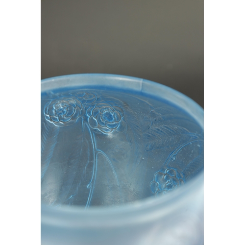 34 - A RENE LALIQUE BLUE STAINED 'NEFLIERS' VASE of tapering form with collared top rim, embossed with an... 