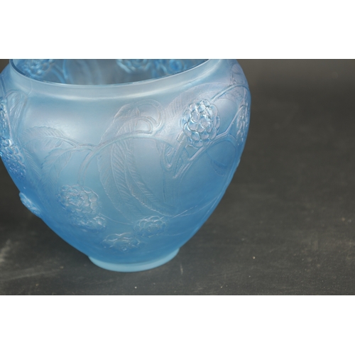 34 - A RENE LALIQUE BLUE STAINED 'NEFLIERS' VASE of tapering form with collared top rim, embossed with an... 