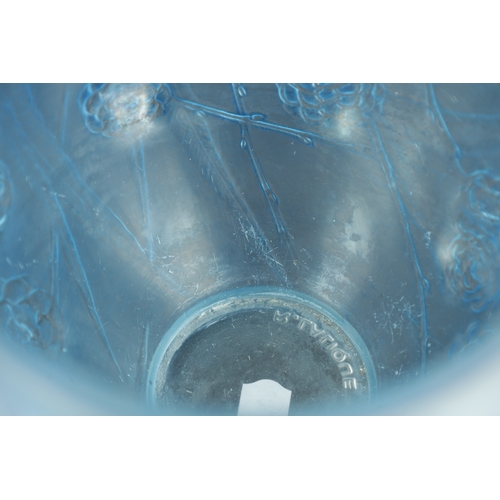 34 - A RENE LALIQUE BLUE STAINED 'NEFLIERS' VASE of tapering form with collared top rim, embossed with an... 