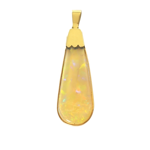 341 - A LARGE 18CT GOLD MOUNTED OPAL PENDANT of teardrop form with gold wire frame and loop suspension. To... 