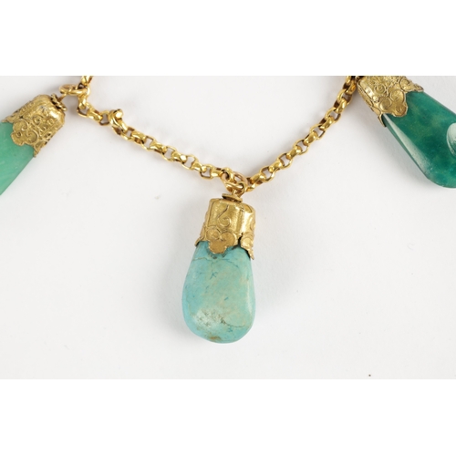 343 - A LATE 19TH CENTURY GOLD METAL BRACELET WITH HARD STONE DROPS having jade stones mounted on a gold c... 