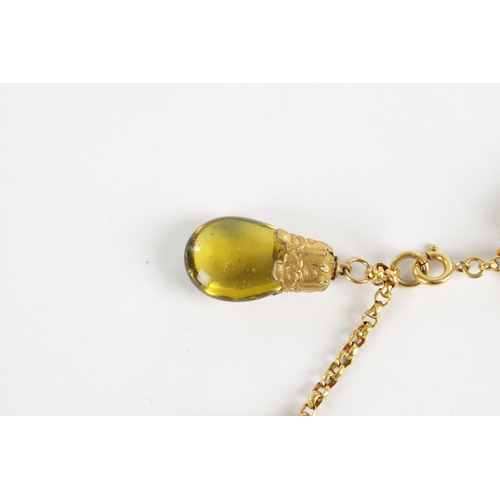 343 - A LATE 19TH CENTURY GOLD METAL BRACELET WITH HARD STONE DROPS having jade stones mounted on a gold c... 