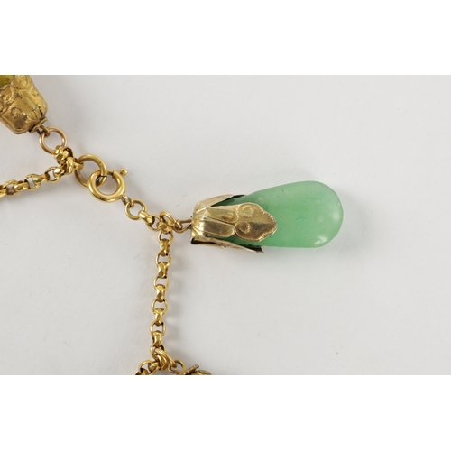 343 - A LATE 19TH CENTURY GOLD METAL BRACELET WITH HARD STONE DROPS having jade stones mounted on a gold c... 