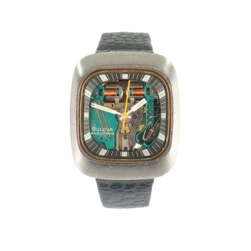 348 - A 1960’S GENTLEMAN’S STEEL BULOVA ACCUTRON WRISTWATCH the waterproof moulded case having a skeletoni... 