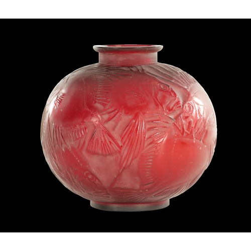 35 - A RENE LALIQUE CASE CHERRY RED AND AMBER GLASS 'POISSONS' GLOBULAR VASE of bulbous form with collare... 