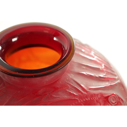 35 - A RENE LALIQUE CASE CHERRY RED AND AMBER GLASS 'POISSONS' GLOBULAR VASE of bulbous form with collare... 