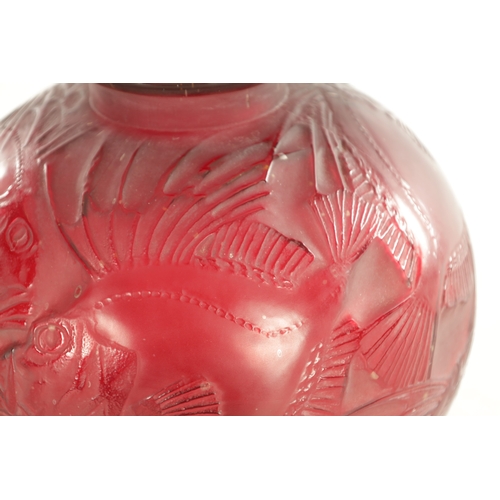 35 - A RENE LALIQUE CASE CHERRY RED AND AMBER GLASS 'POISSONS' GLOBULAR VASE of bulbous form with collare... 