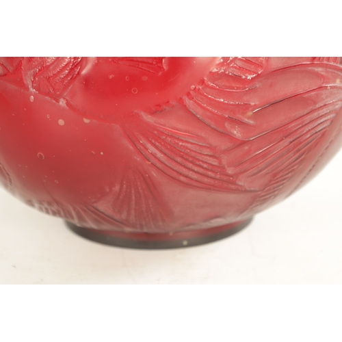 35 - A RENE LALIQUE CASE CHERRY RED AND AMBER GLASS 'POISSONS' GLOBULAR VASE of bulbous form with collare... 