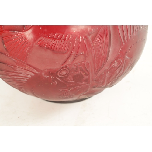 35 - A RENE LALIQUE CASE CHERRY RED AND AMBER GLASS 'POISSONS' GLOBULAR VASE of bulbous form with collare... 