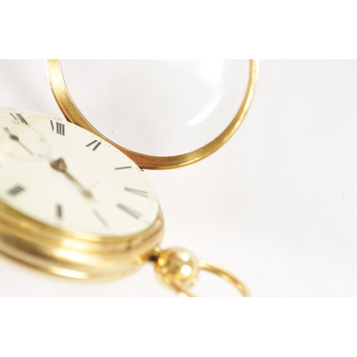 350 - J. JOHNSON, LIVERPOOL. AN 18CT GOLD OPEN FACED POCKET WATCH, engine turned case enclosing an enamel ... 