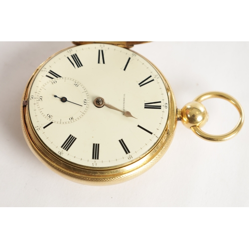 350 - J. JOHNSON, LIVERPOOL. AN 18CT GOLD OPEN FACED POCKET WATCH, engine turned case enclosing an enamel ... 