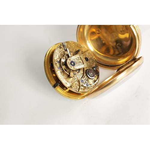 350 - J. JOHNSON, LIVERPOOL. AN 18CT GOLD OPEN FACED POCKET WATCH, engine turned case enclosing an enamel ... 