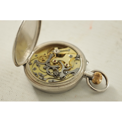 358 - A SILVER OPEN FACED CHRONOGRAPH POCKET WATCH the plain case with gilt winding crown enclosing a whit... 