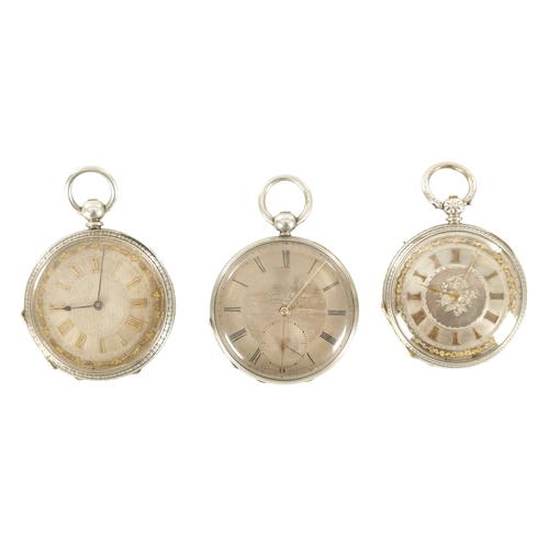 359 - A COLLECTION OF THREE SILVER OPEN FACED FOB WATCHES two with foliate engraved cases the other with e... 