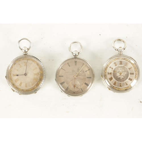 359 - A COLLECTION OF THREE SILVER OPEN FACED FOB WATCHES two with foliate engraved cases the other with e... 