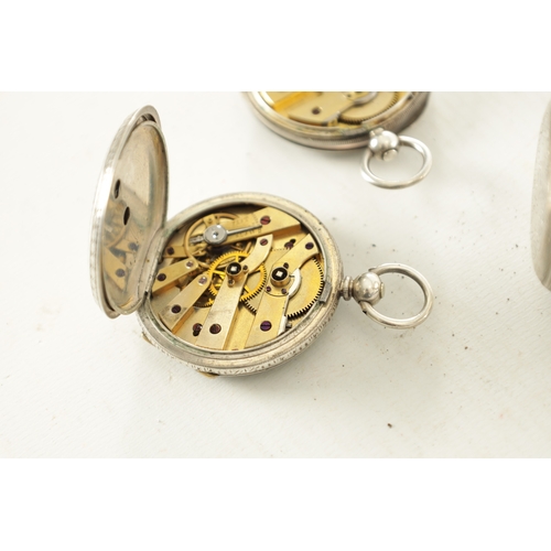 359 - A COLLECTION OF THREE SILVER OPEN FACED FOB WATCHES two with foliate engraved cases the other with e... 