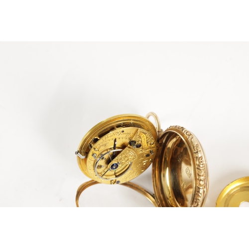 364 - JOHN HELSBY, LIVERPOOL. AN 18CT GOLD OPEN FACED POCKET WATCH, chased scrollwork case with engine-tur... 