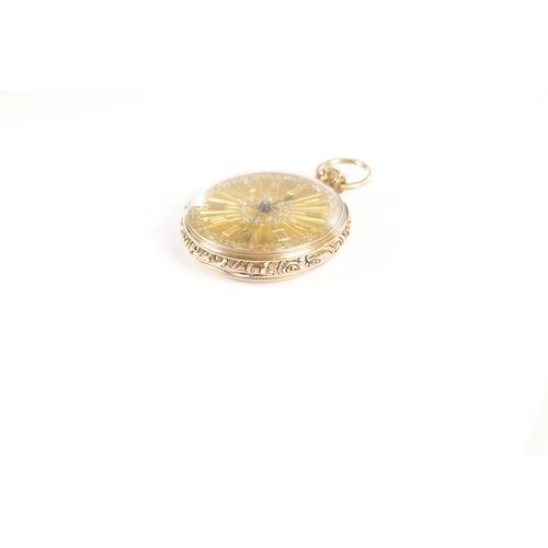 364 - JOHN HELSBY, LIVERPOOL. AN 18CT GOLD OPEN FACED POCKET WATCH, chased scrollwork case with engine-tur... 