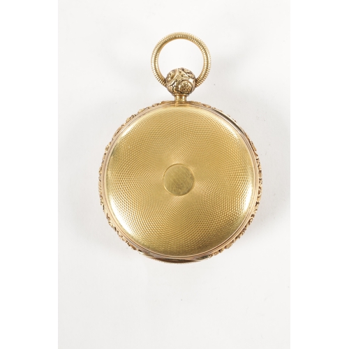 364 - JOHN HELSBY, LIVERPOOL. AN 18CT GOLD OPEN FACED POCKET WATCH, chased scrollwork case with engine-tur... 