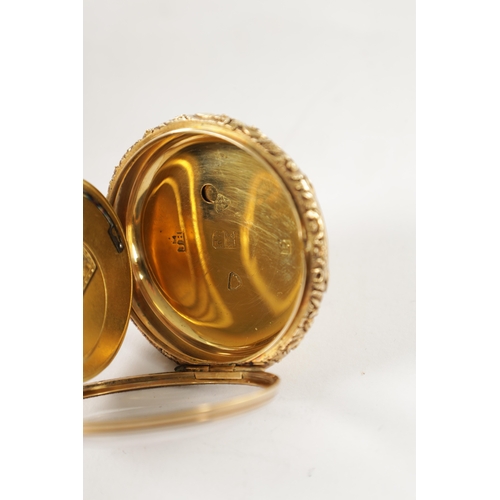 364 - JOHN HELSBY, LIVERPOOL. AN 18CT GOLD OPEN FACED POCKET WATCH, chased scrollwork case with engine-tur... 