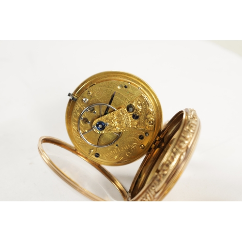 364 - JOHN HELSBY, LIVERPOOL. AN 18CT GOLD OPEN FACED POCKET WATCH, chased scrollwork case with engine-tur... 