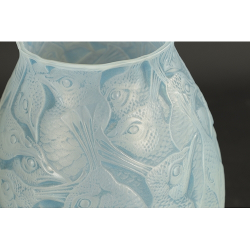 37 - A RENE LALIQUE OPALESCENT AND BLUE STAINED 'BORROMEE' VASE of ovoid form embossed with peacock head ... 