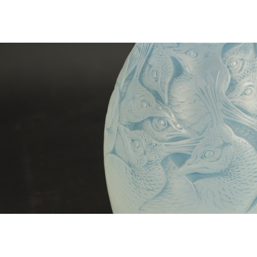 37 - A RENE LALIQUE OPALESCENT AND BLUE STAINED 'BORROMEE' VASE of ovoid form embossed with peacock head ... 