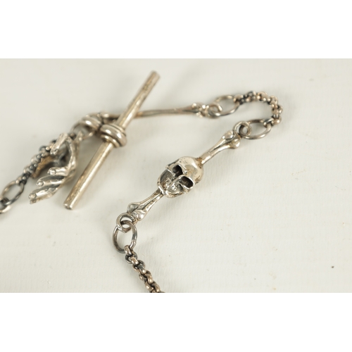 374 - A 19TH CENTURY SILVER SKULL FOB POCKET WATCH CHAIN with bones and a hinged skull vesta. (33cm long)