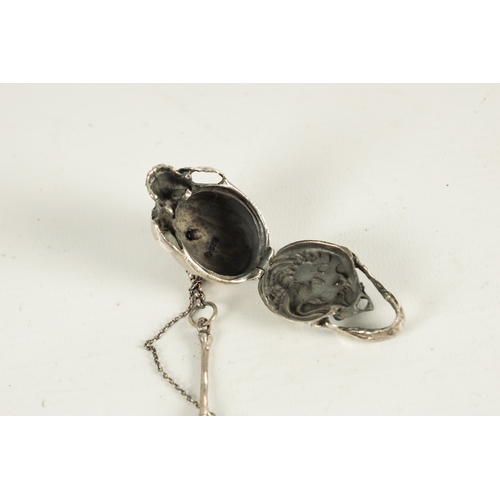 374 - A 19TH CENTURY SILVER SKULL FOB POCKET WATCH CHAIN with bones and a hinged skull vesta. (33cm long)