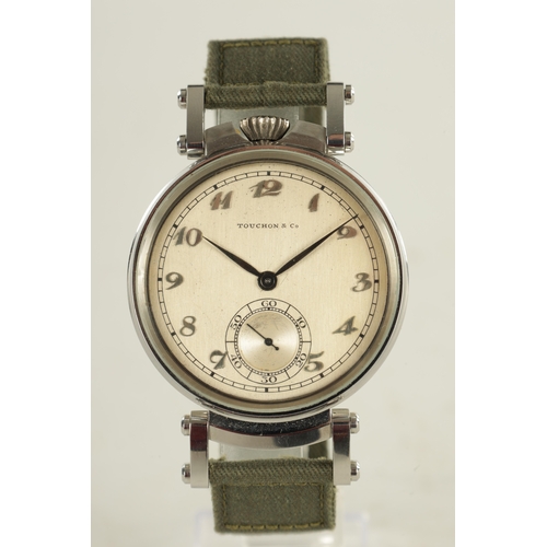 378 - A GENTLEMAN'S STAINLESS STEEL TOUCHON (SWISS) WRISTWATCH WITH POCKET WATCH MOVEMENT the pocket watch... 